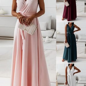 This Women Summer Solid v-Neck Sleeveless Long Dress Design Made Of High Quality Polyster And Spandex Material