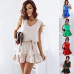 This Women Summer Solid v Neck Sleeveless Slim Waist Pleated Dress Design Made Of High Quality Polyster And Spandex Material. It Is Stretchy