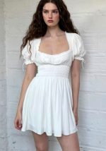 This Women Summer Square Neck Lace-Up Ruffle Edge Backless Short Sleeve Dress Design Made Of High Quality Polyster And Spandex Material. It Is Stretchy