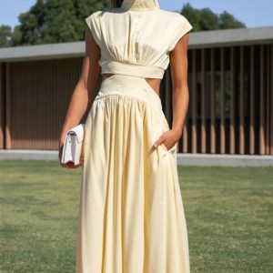 This Women Summer Stand Collar Macaron Cut Out Maxi Dress Design Made Of High Quality Polyster And Spandex Material