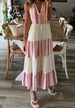 This Women Summer Striped Print v-Neck Sleeveless Maxi Dress Design Made Of High Quality Polyster And Spandex Material. It Is Stretchy