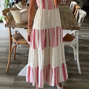 This Women Summer Striped Print v-Neck Sleeveless Maxi Dress Design Made Of High Quality Polyster And Spandex Material. It Is Stretchy