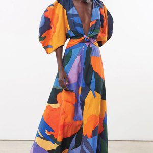 This Women Summer v-Neck Balloon Sleeve Tie Knot Print Maxi Dress Design Made Of High Quality Polyster And Spandex Material