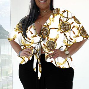 This Women White Casual V-neck Half Sleeves High Waist Print Bow Regular Plus Size Two Piece design and made of comfortable and elastic fabric. wholesale plus size two piece sets is a must-have item for curvy ladies. Two piece sets can either be worn together or individually