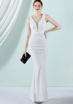 This Women White V-neck Sleeveless Patchwork Sequined Mermaid Evening Dresses design made of good quality polyster and spandex material