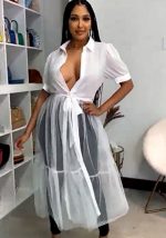 This Women White Turn-down Collar Short Sleeves Belted Maxi Dresses design made of high quality polyster and spandex material