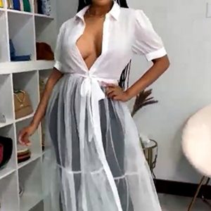 This Women White Turn-down Collar Short Sleeves Belted Maxi Dresses design made of high quality polyster and spandex material