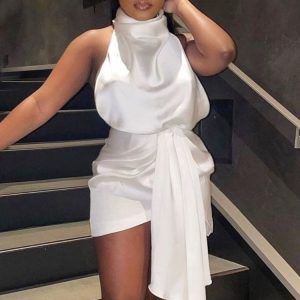 This Women White Turtleneck Sleeveless Satin Mini Club Dresses design made of high quality polyster and spandex material