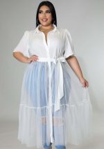 This Women White Turn-down Collar Streetwear Turn-down Collar Half Sleeves Patchwork Belted X-Long Plus Size Tops made of comfortable and elastic fabric. It is wholesale sexy plus size tops for women. With the gradual rise of feminist awareness