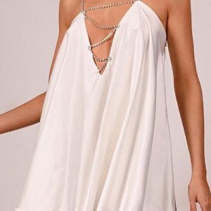 This Women White Metal Straps Sleeveless Satin Mini Club Dresses design made of high quality polyster and spandex material