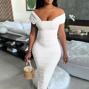 This Women White Off-the-shoulder Short Sleeves Ruched Slit Pencil Midi Dresses design made of high quality polyster and spandex material. It come with good stretch and wearing comfortable. Women¡¯s midi dresses is omnipotent and suit for all kinds of occasions - daily wear