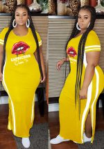 This Women Yellow Casual O-Neck Short Sleeves Lip Print Slit Plus Size Dresses made of soft and elastic fabric. Global Lover wholesale plus size dresses and hope curvy ladies find here a warm and exciting place to shop affordable curvy dresses online - plus size casual