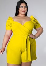 This Women Yellow Square Collar Short Sleeves Regular Plus Size Jumpsuit design made of high quality polyster and spandex material. It is stretchy