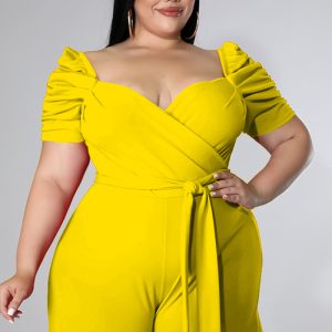 This Women Yellow Square Collar Short Sleeves Regular Plus Size Jumpsuit design made of high quality polyster and spandex material. It is stretchy