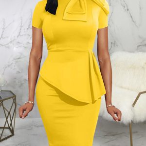 This Women Yellow Bow Short Sleeves Office Dresses design made of high end polyster and spandex material