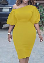 This Women Yellow Modest Slash Neck Half Sleeves Solid Midi Straight Plus Size Dresses made of soft and elastic fabric. Global Lover wholesale plus size dresses and hope curvy ladies find here a warm and exciting place to shop affordable curvy dresses online - plus size casual