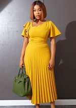 This Women Yellow Slash Neck Short Sleeves Pleated Office Dresses design made of high end polyster and spandex material