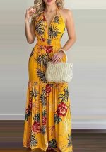 This Women Yellow Halter Sleeveless Backless Maxi Dresses design made of high quality polyster and spandex material