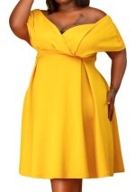 This Women Yellow Sweet Off-the-shoulder Short Sleeves Solid Belted Midi A-line Plus Size Dresses made of soft and elastic fabric. Global Lover wholesale plus size dresses and hope curvy ladies find here a warm and exciting place to shop affordable curvy dresses online - plus size casual