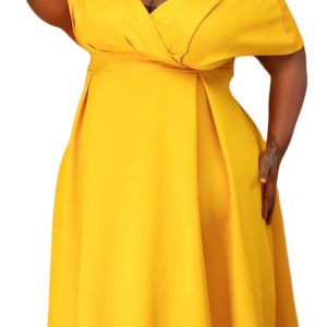 This Women Yellow Sweet Off-the-shoulder Short Sleeves Solid Belted Midi A-line Plus Size Dresses made of soft and elastic fabric. Global Lover wholesale plus size dresses and hope curvy ladies find here a warm and exciting place to shop affordable curvy dresses online - plus size casual