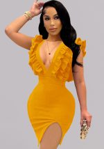 This Women Yellow V-neck Sleeveless Cascading Ruffle Sheath Midi Dresses design made of high quality polyster and spandex material. It come with good stretch and wearing comfortable. Women¡¯s midi dresses is omnipotent and suit for all kinds of occasions - daily wear