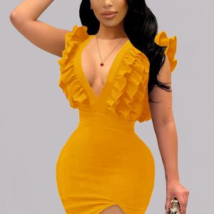 This Women Yellow V-neck Sleeveless Cascading Ruffle Sheath Midi Dresses design made of high quality polyster and spandex material. It come with good stretch and wearing comfortable. Women¡¯s midi dresses is omnipotent and suit for all kinds of occasions - daily wear