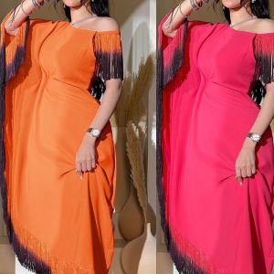 This Women Tassel Slash Shoulder Irregular Dress Design Made Of High Quality Polyster And Spandex Material. It Is Stretchy