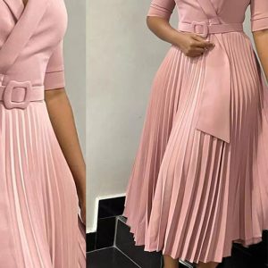 This Women Turndown Collar Pleated Solid Dress Design Made Of High Quality Polyster And Spandex Material. It Is Stretchy