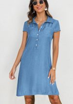 This Women Turndown Collar Short Sleeve Button Up Slit Pocket Plus Size Casual Denim Dress Design Made Of High Quality Polyster And Spandex Material. It Is Stretchy