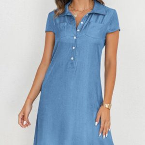 This Women Turndown Collar Short Sleeve Button Up Slit Pocket Plus Size Casual Denim Dress Design Made Of High Quality Polyster And Spandex Material. It Is Stretchy