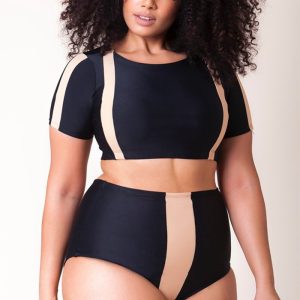 Este traje de baño de dos piezas de las mujeres Plus Size Color Block cintura alta traje de baño está hecho de lycra de buena calidad y tela Spandex