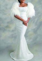 This Women u-Neck Sequin Feather Sleeve Evening Dress Design Made Of Good Quality Polyster And Spandex Material