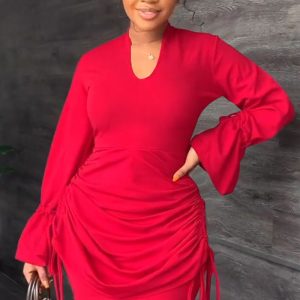 This Women v-Neck Bell Bottom Sleeve Pleated Dress Design Made Of High Quality Polyster And Spandex Material. It Is Stretchy