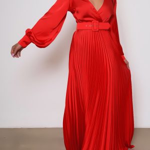 This Women v Neck Long Sleeve High Waist Pleated Maxi Dress Design Made Of High Quality Polyster And Spandex Material