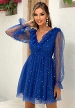 This Women v-Neck Patchwork Mesh Formal Party Sequined Puff Sleeve Dress Design Made Of High Quality Polyster And Spandex Material. It Is Stretchy