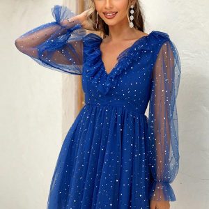 This Women v-Neck Patchwork Mesh Formal Party Sequined Puff Sleeve Dress Design Made Of High Quality Polyster And Spandex Material. It Is Stretchy