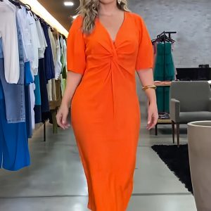 This Women v Neck Pleated Solid Color Slit Maxi Dress Design Made Of High Quality Polyster And Spandex Material. It Come With Good Stretch And Wearing Comfortable. Women¡¯s Midi Dresses Is Omnipotent And Suit For All Kinds Of Occasions - Daily Wear