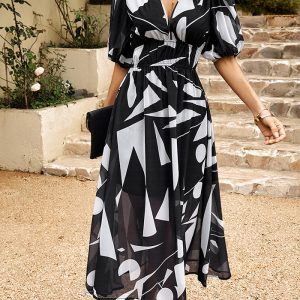 This Women v Neck Printed Long Dress Design Made Of High Quality Polyster And Spandex Material. It Come With Good Stretch And Wearing Comfortable. Women¡¯s Midi Dresses Is Omnipotent And Suit For All Kinds Of Occasions - Daily Wear