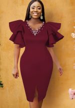 This Women v-Neck Ruffle Sleeve Slit Beaded Dress Design Made Of Good Quality Polyster And Spandex Material