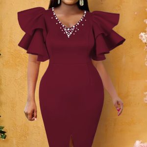 This Women v-Neck Ruffle Sleeve Slit Beaded Dress Design Made Of Good Quality Polyster And Spandex Material