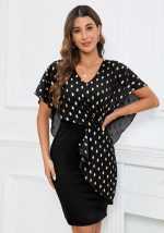 This Women v-Neck Shiny Polka Dot Chiffon Dress Design Made Of High Quality Polyster And Spandex Material. It Is Stretchy