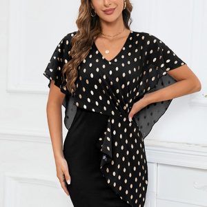 This Women v-Neck Shiny Polka Dot Chiffon Dress Design Made Of High Quality Polyster And Spandex Material. It Is Stretchy