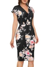 This Women v-Neck Short Sleeve Pleated Floral Bodycon Dress Design Made Of High Quality Polyster And Spandex Material. It Come With Good Stretch And Wearing Comfortable. Women¡¯s Midi Dresses Is Omnipotent And Suit For All Kinds Of Occasions - Daily Wear