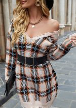 This Women v-Neck Casual Long Sleeve Plaid Basic Knitting Dress Combine The Warm And Fashion. It Is a Must-Have Item For This Winter. Sweater Dresses For Women At Global Lover Comes For Different Occasions - Daily Life