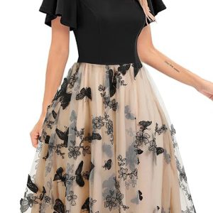 This Women v-Neck Patchwork Short Sleeve Retro Butterfly Mesh Embroidered Dress Design Made Of High Quality Polyster And Spandex Material. It Is Stretchy