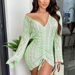 This Women v Neck Hollow Long Sleeve Knitting Dress Combine The Warm And Fashion. It Is a Must-Have Item For This Winter. Sweater Dresses For Women At Global Lover Comes For Different Occasions - Daily Life