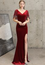 This Women Velvet Beaded Formal Party Elegant Mermaid Evening Dress Design Made Of Good Quality Polyster And Spandex Material