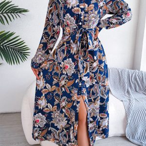 This Women Vintage Floral Turndown Collar Tie Shirt Dress Design Made Of High Quality Polyster And Spandex Material