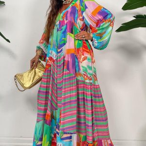 This Women Vintage v-Neck Print Pleated Long Sleeve Loose Dress Design Made Of High Quality Polyster And Spandex Material