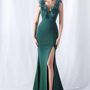 This Women Wedding Ruffle Slit Dinner Evening Dress Design Made Of Good Quality Polyster And Spandex Material